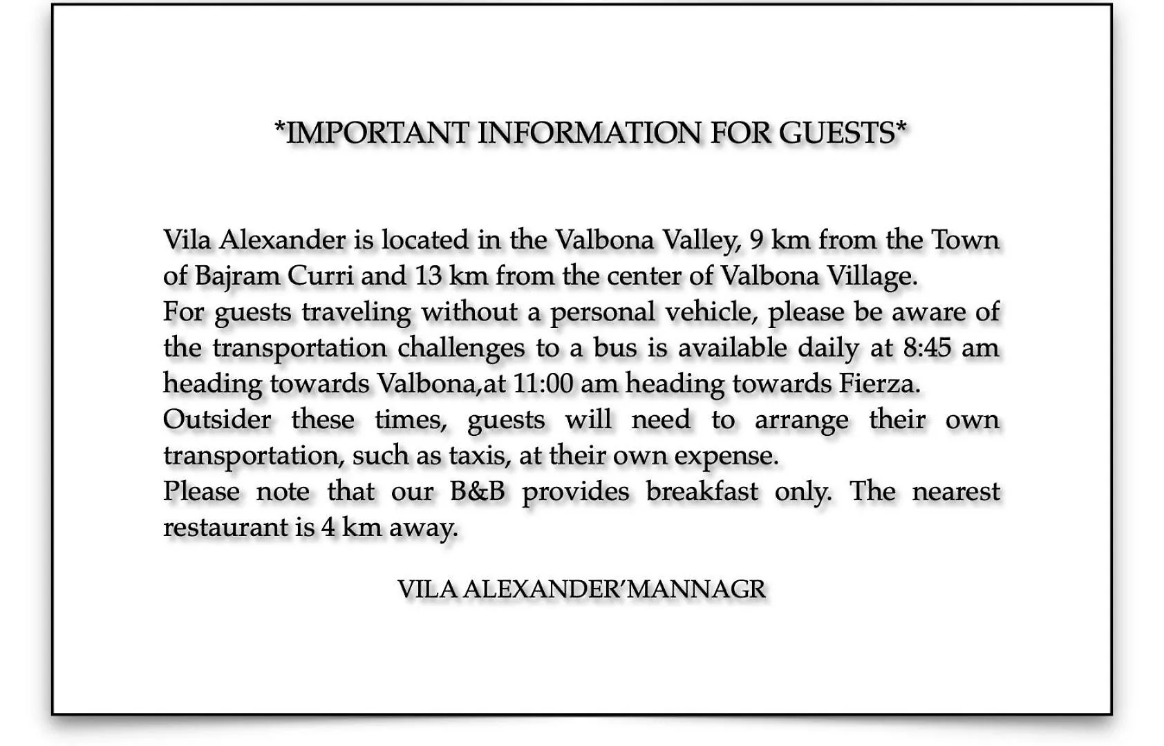 Bed & Breakfast Vila Alexander B&B Valbone Albania